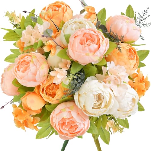 Image of FiveSeasonStuff Garden-Style Ivory, Peach, Orange & Greenery Accents Artificial Peony Bouquet, Two Faux Silk Flower Bundles with Hydrangeas