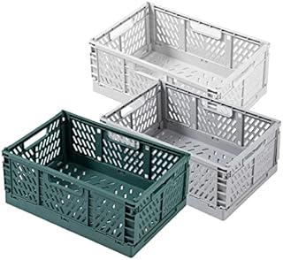 Klyuqoz Pastel Crates, 3 Pack Foldable Crate with Handles Storage Stacking Baskets, Desktop Plastic Storage Basket Large Size(8.7 X 5.8 X 3.7 in), for Home Kitchen Bedroom Office.Green, Gray, White