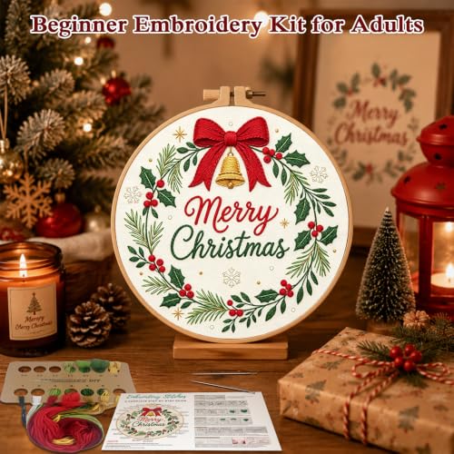 Image of Louise Maelys Merry Christmas Wreath Embroidery Kit for Beginners Adults