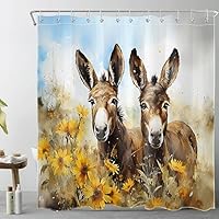 LB Asino marrone Tenda Doccia 120x175cm(LxA) Fiore giallo animale della fattoria Tende da Bagno con Ganci, Scenario rustico Extra Corto Impermeabile Antimuffa Poliestere Casa Decorazione