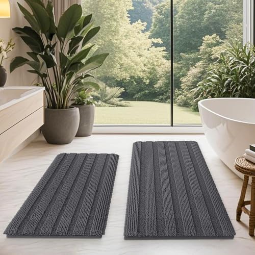Striped Grey Bathroom Rug Mat Set 2 piece 32"x20"+24"x17" Ultra