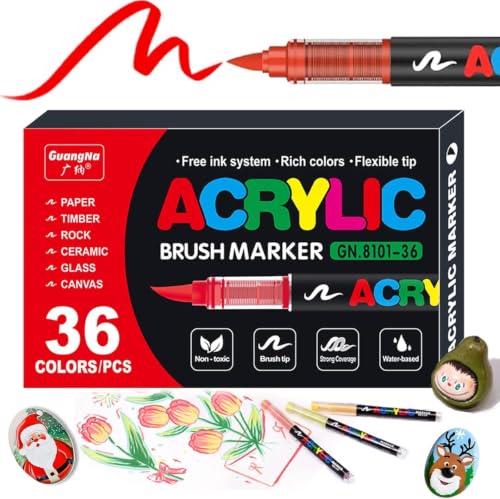 36Colors acrylic paint Pens - Soft Brush Tip Acrylic Markers Quick-Drying Waterproof Acrylic paint Markers for Canvas Wood Metal Ceramic Stone Egg Rock Painting and DIY