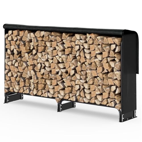 VOUNOT® Soporte de Madera 2 Metros con Cubierta Impermeable, Estante de Registro de Chimenea para Troncos Registro de Leña con Tapa Soporte Almacenamiento de Madera para Interiores al Aire Libre Negro