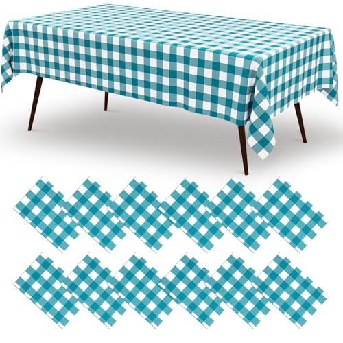 misaya 12 PCS Turquoise White Buffalo Plaid Plastic Disposable Table Cloth