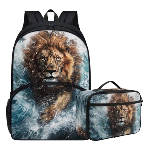 Cute Animal Backpack Set for Girls Boys 17 Inch Cool Lion Backpack with Lunch Box for Kids Elementary Student Padded Back Lightweight School Bag Black Bookbag