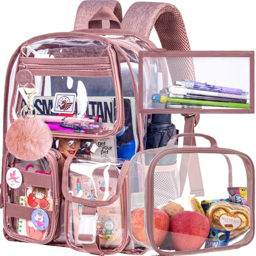 Clear Backpack for Girls Women, Heavy Duty PVC Transparent Bookbag, Cute See Through School Bags for Teens Elementary - Pink