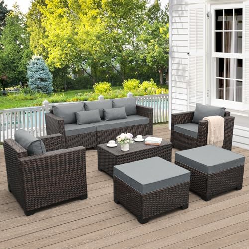 Valita 6 PCS Patio Furniture Set Outdoor Sectional Wicker Conversation Couch Brown Rattan Sofa Chairs with Ottoman Storage Table and Grey Anti-Slip Cushions