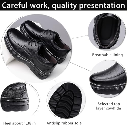 Men's Genuine Leather Platform Chunky Heel Oxfords Comfort Round Toe Lace Up Anti-Slip Lug Sole Business Formal Dress Shoes Classic Handmade Fur Lining Office Work Shoes3