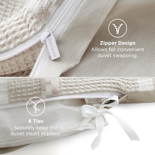 Image of Bedsure Waffle Weave Duvet Cover King - 100% Cotton Boho Duvet Cover with 2 Pillowcases - Linen Color PureWoven Textured Comforter Cover with Zipper Closure (King, 104 inchx90 inch)