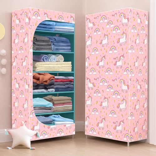 Image of BONTEC Baby Wardrobe for Clothes - almirah - Rack fot Storage Multipurpose Plastic almirah Printed Cover 6 Shelves Storage Clothes Storage Rack Quick Cabinet /Multipurpose (Baby Pink)
