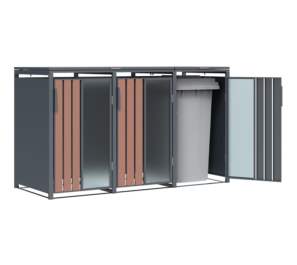 Westmann Status 3 Mülltonnenbox 3x240L | Metall Acryl Holzoptik | Gasdruckfedern | Magnetverschluss | Anthrazit
