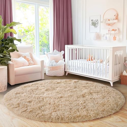 6‘x6’ Beige Round Rug for Bedroom, Ultra Soft Fluffy Circle Rug for Kids Girls Boys Room, Cute Shag Rugs for Living Room Playroom Tent Castle Home Decor Rug