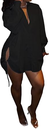 Womens Shirt Mini Dress Sexy V Neck Long Sleeve Lace up Button Down Short Dresses