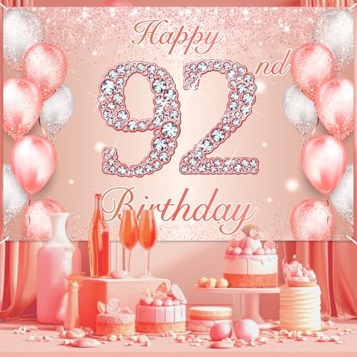 Image of Happy 92nd Birthday Rose Gold Banner Cheers to 92 Years Old Backdrop Confetti Balloons Theme Decor for Women 92 Years Old Pink Birthday Party Decorations Bday Supplies Background Favors Gift Glitter
