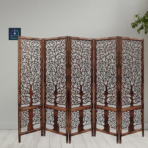 Image of Wooden Room Partition /Screen /Room Divider /Room Separator Traditional Handicrafts 6Ft (Dark Brown) (Tree 5 Panel)