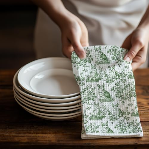 Image of Chinoiserie Corgi Dog Kitchen Towels, Gifts for Corgi Lovers Dish Tea Towels for Kitchen Decor, Grandmillennial Toile de Jouy Dog Decorative Hand Towels for Bathroom, 16x24 Inch(Green)