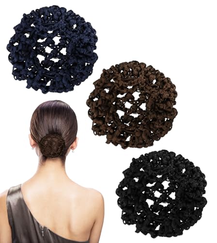 PENTA ANGEL Hair Bun Covers 3Pcs Elastic Crochet Knit Invisible Hair Nets Snood Hairs Accessory for Women Dance Ballet Skating (Black, Navy Blue, Coffee, 8cm) image 5
