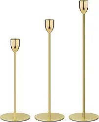 Ohtomber Suporte de vela de metal dourado – 3 peças de castiçal, decoração de mesa de casamento de centro de castiçal, ajuste pilar de 0,9 cm de espessura, velas afuniladas e de LED