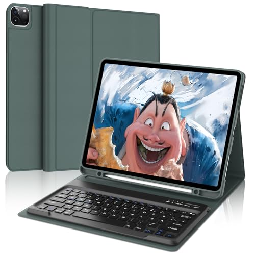 FOGARI Funda con teclado para iPad Pro 12.9 (6/5/4/3 Gen), QWERTY alemán, teclado Bluetooth extraíble magnético para iPad de 12,9 pulgadas, verde oscuro