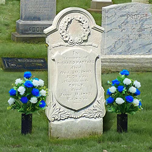 Lvxinli 2 Sets Artificial Cemetery Flowers,Memorial Flowers,Beautiful Arrangements For Headstones,Black Plastic Vase With Drainage Hole Long Spikes Outdoor Memorials(Dark Blue)… #TOP2