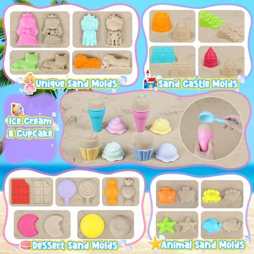 EULRGAUS Beach Toys, 36 PCS Sand Toys with Construction Vehicles, Collapsible Bucket, Princess & Prince and Ice Cream Toys, Sand Castle Building Kit, Beach Shovel, Beach Games for Kids, Boys and Girls - 2