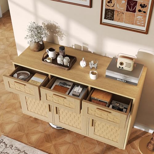 HYNHXBP Aparador 3 Puertas 3 Cajones Efecto Cannage 107,9 x 40 x 80 cm, color madera natural, mueble de almacenamiento con estanterías, bahut moderno para sala de estar comedor entrada