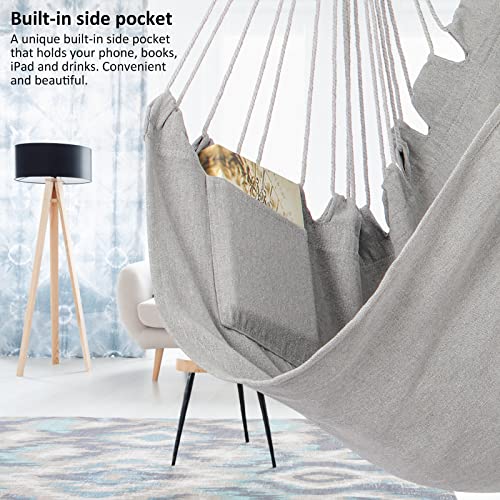 Y- Stop Hammock Chair Hanging Rope Swing, Max 500 Lbs, Hanging Chair With Pocket, Removable Steel Spreader Bar With Anti-Slip Rings, Quality Cotton Weave For Comfort, Durability, Light Grey #TOP1
