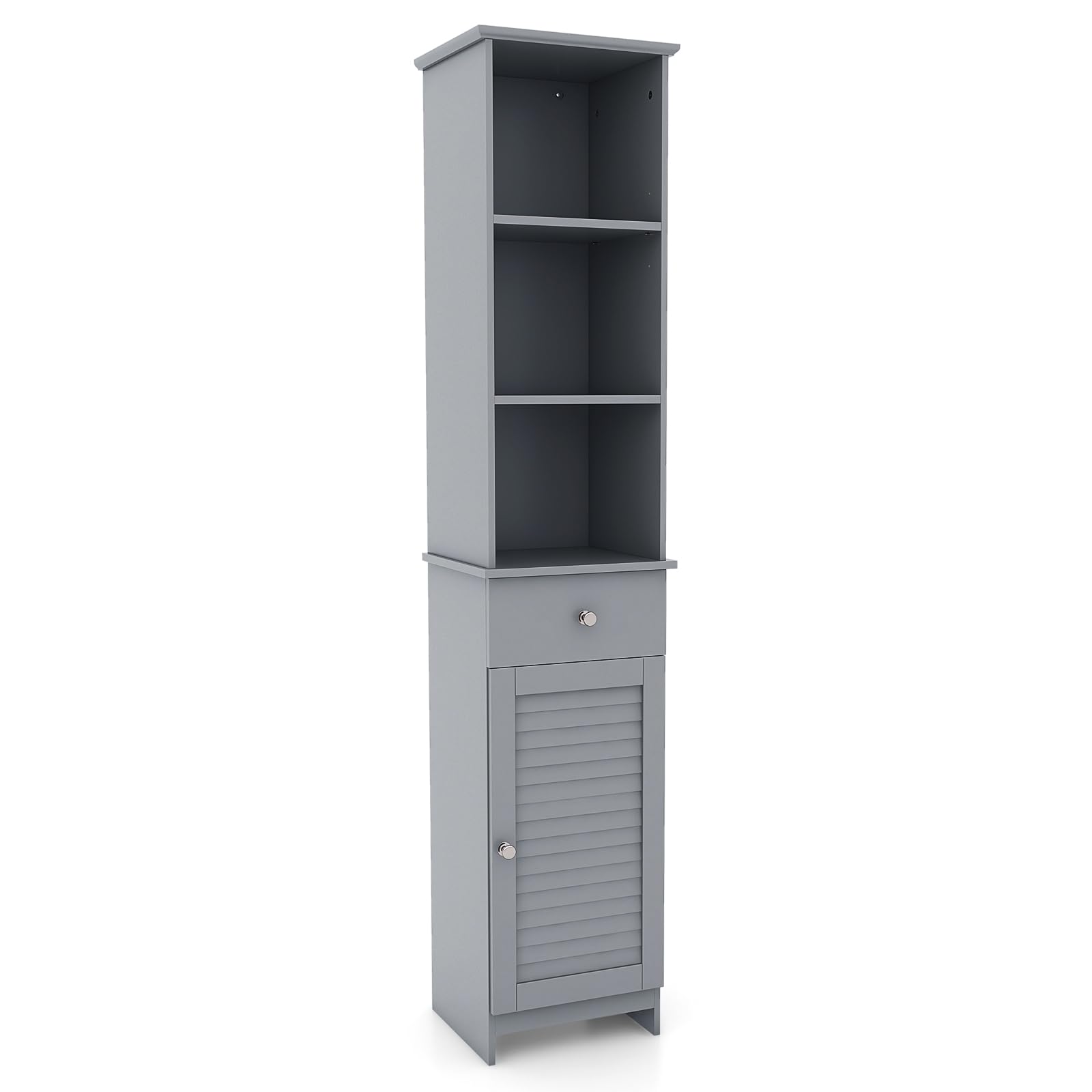 COSTWAY Bathroom Tall Cabinet, Freestanding Slim Storage Cupboard with Adjustable Shelves, Drawer and Door, Wooden High Narrow Bathroom Floor Cabinet Unit for Living Room Kitchen Hallway (Grey)