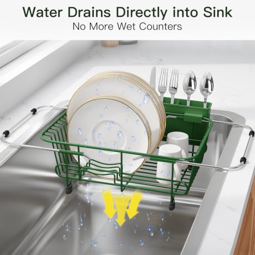 Image of JASIWAY Green Dish Drying Rack in Sink with Utensil Holder, RV, Apartment
