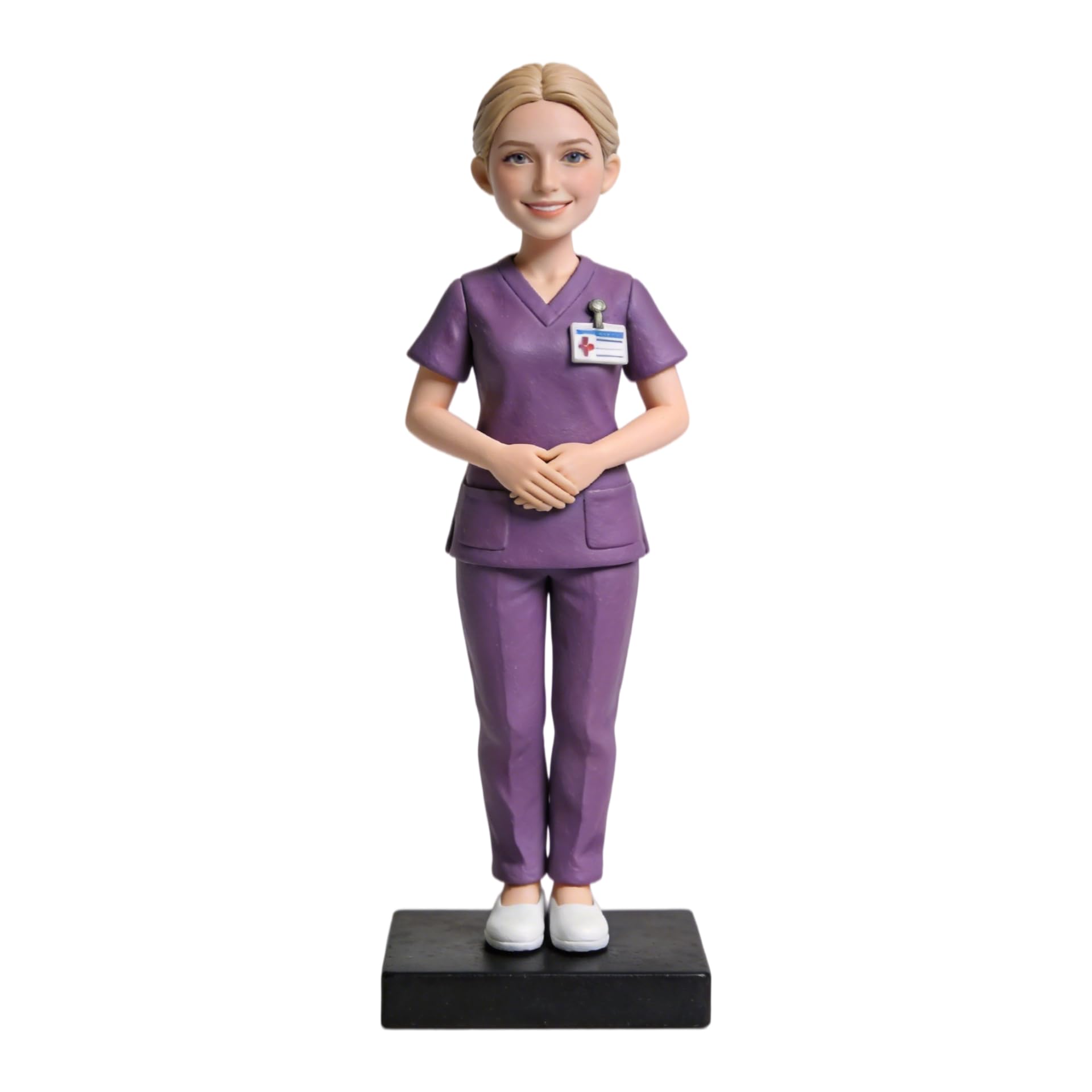 Figurine 3D personnalisée de photo Bobbleheads, figurine d'infirmière féminine personnalisée, sculpture médicale de gommages violets, cadeau de santé pour infirmières, affichage de décoration