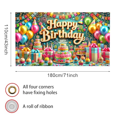 Image of Happy Birthday Backdrop Banner 70.8 x 43.3 Inch, Colorful Balloon Cake Pennant Flag Festive Party Decorations for Kids Boys Girls, Fun Photo Booth Background with Hanging Rope