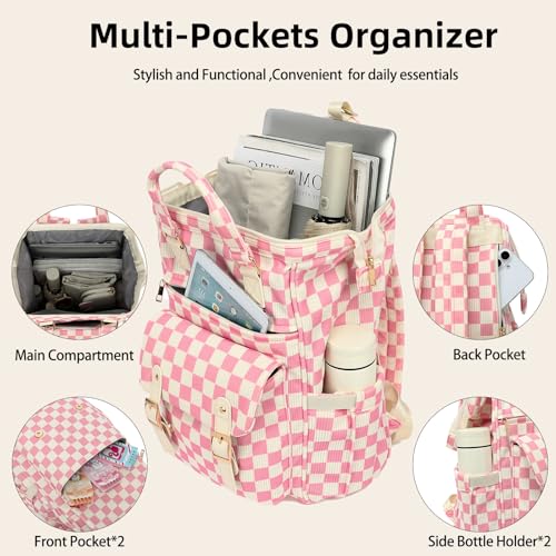 Image of Corduroy Laptop Backpack for Women 15.6 Inch Stylish College School Bookbag, Business Work & Travel Computer Backpacks (Checkered Pink)