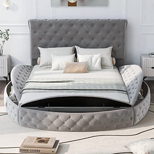 Merax Platform Bed, Upholstered Round Shape Bed Frame With Storage Space On Both Sides, Button Tufted Headboard, Footboard, Frame And Slats, No Box Spring Needed, Queen Size, Gray #TOP2