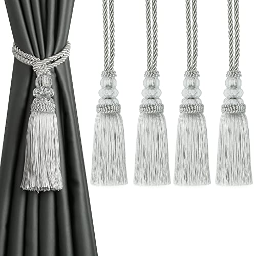 HedongHexi 4 Pack Curtain Tiebacks with Tassel, Silver