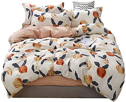 Kids Comforter Cover King Size Children Girls Fruits Peach Bedding Set Stripe Decorative 3 Pieces Cartoon Tropical Duvet Cover Set Cute Tapestry Bedspread Cover with 2 Pillowcase Microfiber Zipper