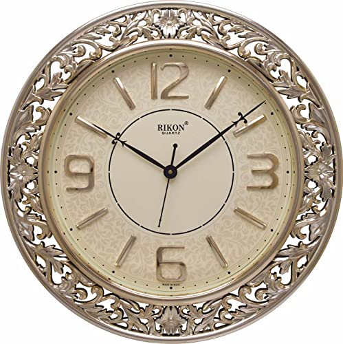 Image of Rikon Rk42 Delux Wall Clock for Home Living Room, and Office - Sweep Silent Moment - Made in India. (42 cm � 42 cm) (Plastic, Gold Ivory)