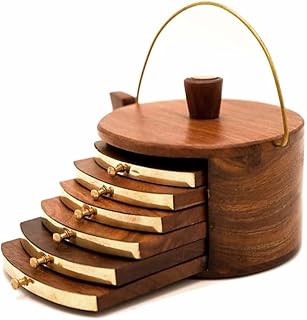 Wooden Kettle Shape Shisham Wooden Drink Coasters Wood Table Coaster Set of 6 for Tea Cups Coffee Mugs Cans Tumblers and Water Glasses | Brass Work | Brown | (Kettle Shape)