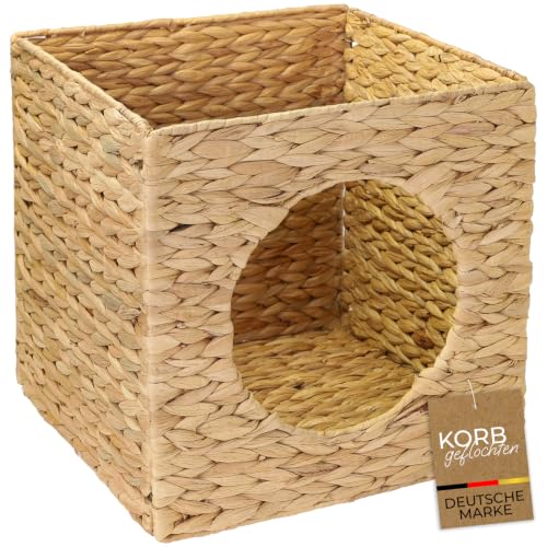 HMF Katzenhöhle passend für KALLAX-Regal, Katzenhaus Indoor geflochten aus Wasserhyazinthe, 32,5 x 32,5 x 33 cm, Naturfarben
