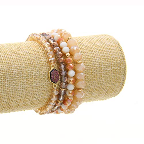 Image of Gold Beaded Bracelet Set, Square Stone Hexagon Druzy Stretch Beaded Stackable Bracelets Bangles