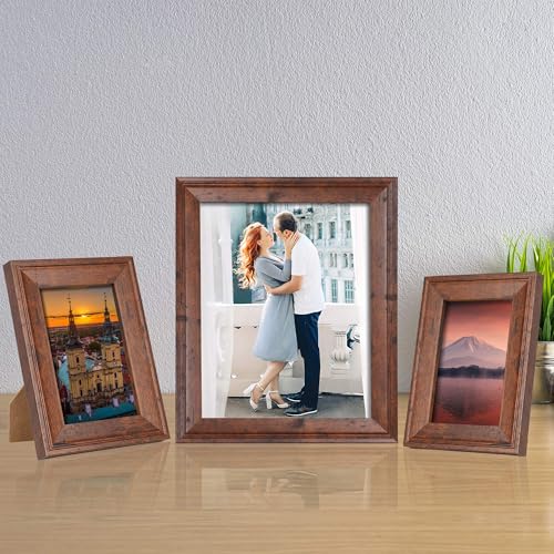 Image of iRahmen 5x7 Picture Frame Set of 4, Brown Rustic Retro Photo Frame with Real Glass, 5 x 7 Frames for Wall Mount and Tabletop Display