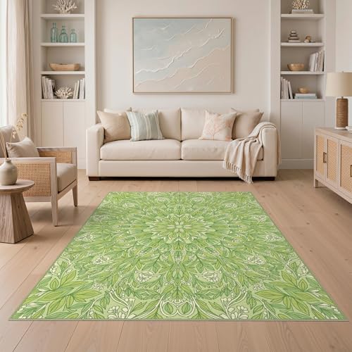 ODIKA 5'x7' Washable Contemporary Flower Area Rug, Green Flatwoven Floor Covering for Dining Room, Under Table, Home Office, Non-Slip Chair-Friendly Carpet | Ref:2001468