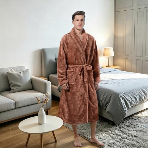 Image of Inner Wish Mens Plush Fleece Robe, Highly Absorbent Cozy Warm Bathrobe Fuzzy Male Spa Long Robe With Pockets