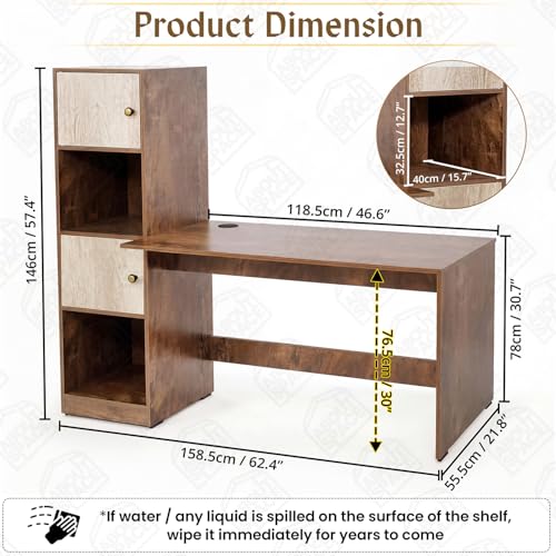 Image of ABOUT SPACE Study Table with Cabinet - Computer Table with 2 Open, 2 Closed Storage Space DIY Engineered Wood Office Desk for PC Laptop Gaming (Beige & Walnut - L 158.5 x B 56 x H 146.5cm)