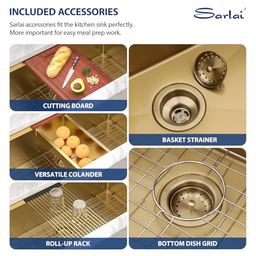 Sarlai 36 Gold Undermount Kitchen Sink Workstation - 36x19 Inch Kitchen Sinks with Ledge NANO-Tech Gold Sink Round Corner 16 Gauge Stainless Steel Single Bowl Sink Basin by Sarlai - Used condition - Image 7
