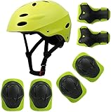 Skaterhelm Grün Knieschoner Kinder Ellenbogenschützer Protektoren Helm für BMX Fahrrad Skateboard Scoot Ride Helmet für Kopfumfang 55-57cm Verstellbar