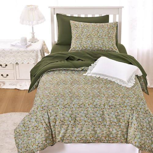 Wake In Cloud - Floral Comforter Set with Sheets Cute Vintage Flower Cottagecore Aesthetic for Women Teen Girls 5 Pieces Bed in a Bag Olive Green Twin Size