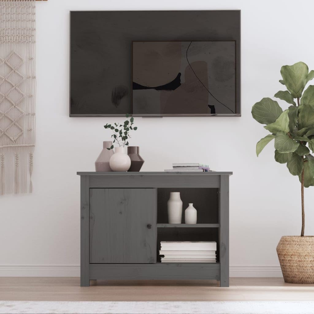 Meuble TV compact gris en bois massif pour ranger vos câbles de salon