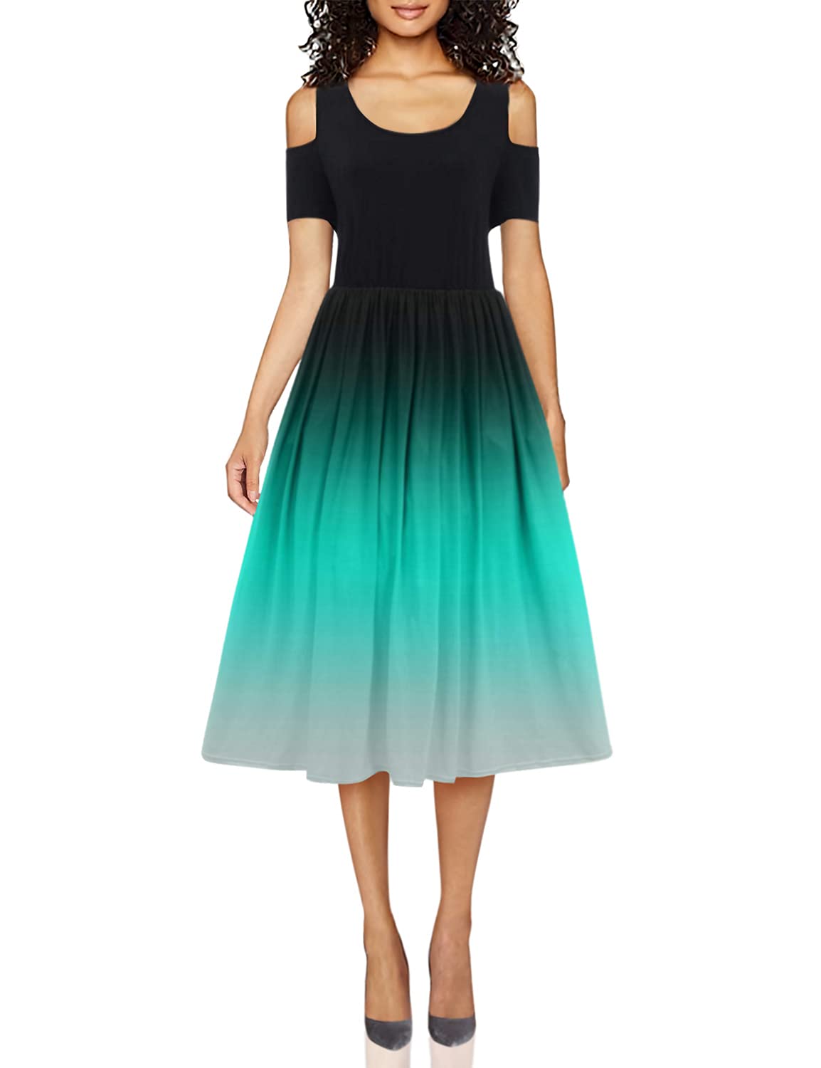 LATINDAY Women's Summer Cold Shoulder Gradients Print Elegant Party Wedding Maxi Long Dress