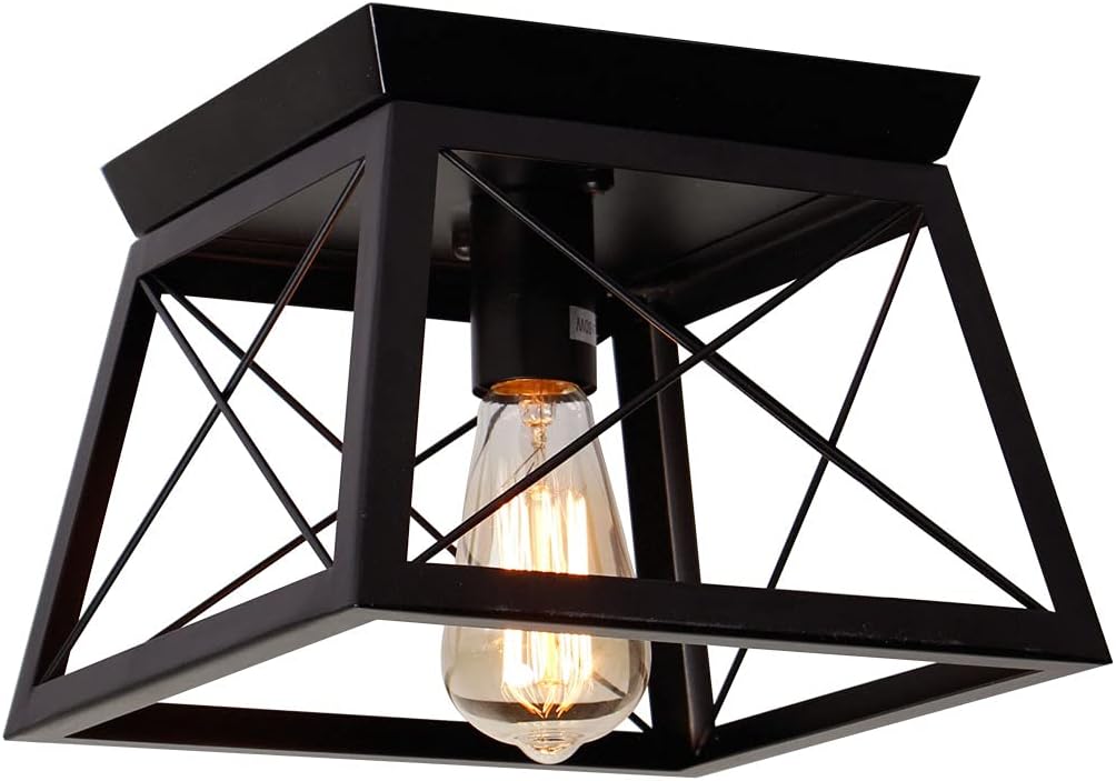Retro Industrial Vintage Rectangle Flush Mounted Ceiling Light Fixture with Metal Cage Farmhouse Style for Living Bedroom Entry Aisle E26 Bulb Not Included