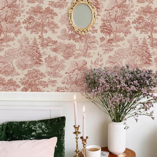 Image of Textured Wallpaper Peel and Sticks Vintage Flowers Leaves Pattern Design Toile de Jouy Wallpaper, Red and Cream, Pastoral Landscape Pattern, French Country Style Vinyl Adhesive 16.5&87inch